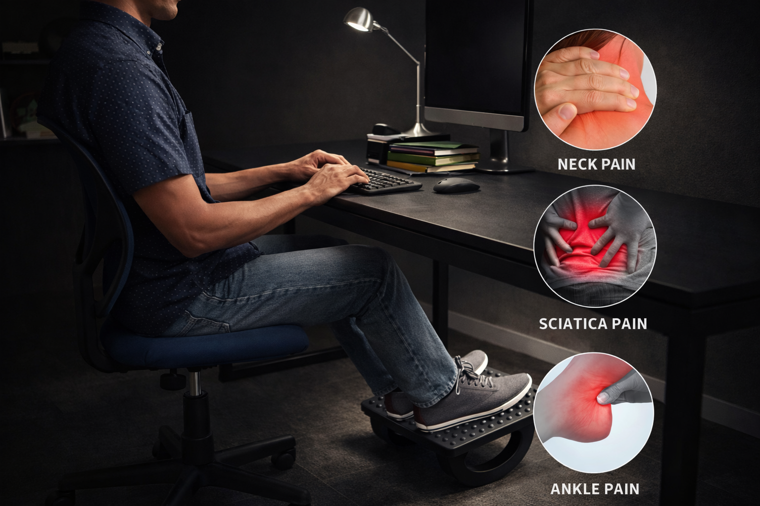 Portable Ergonomic Under Desk Footrest with Relaxing Massage Rollers